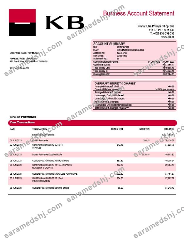 Komercní banka corporate checking account statement Word and PDF template